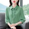 Весна-лето, новая модная женская рубашка с рукавами 3/4, однотонная блузка с отложным воротником и низом, отложной воротник, блузка с рюшами