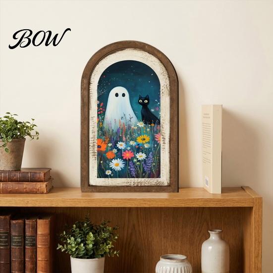 Ghost Themed Room Decor Arch Wooden Sign, Cute Halloween Table Rustic Farmhouse Spooky Home Accents Shelf Decor, Decorative Wall Art for Mantel Living