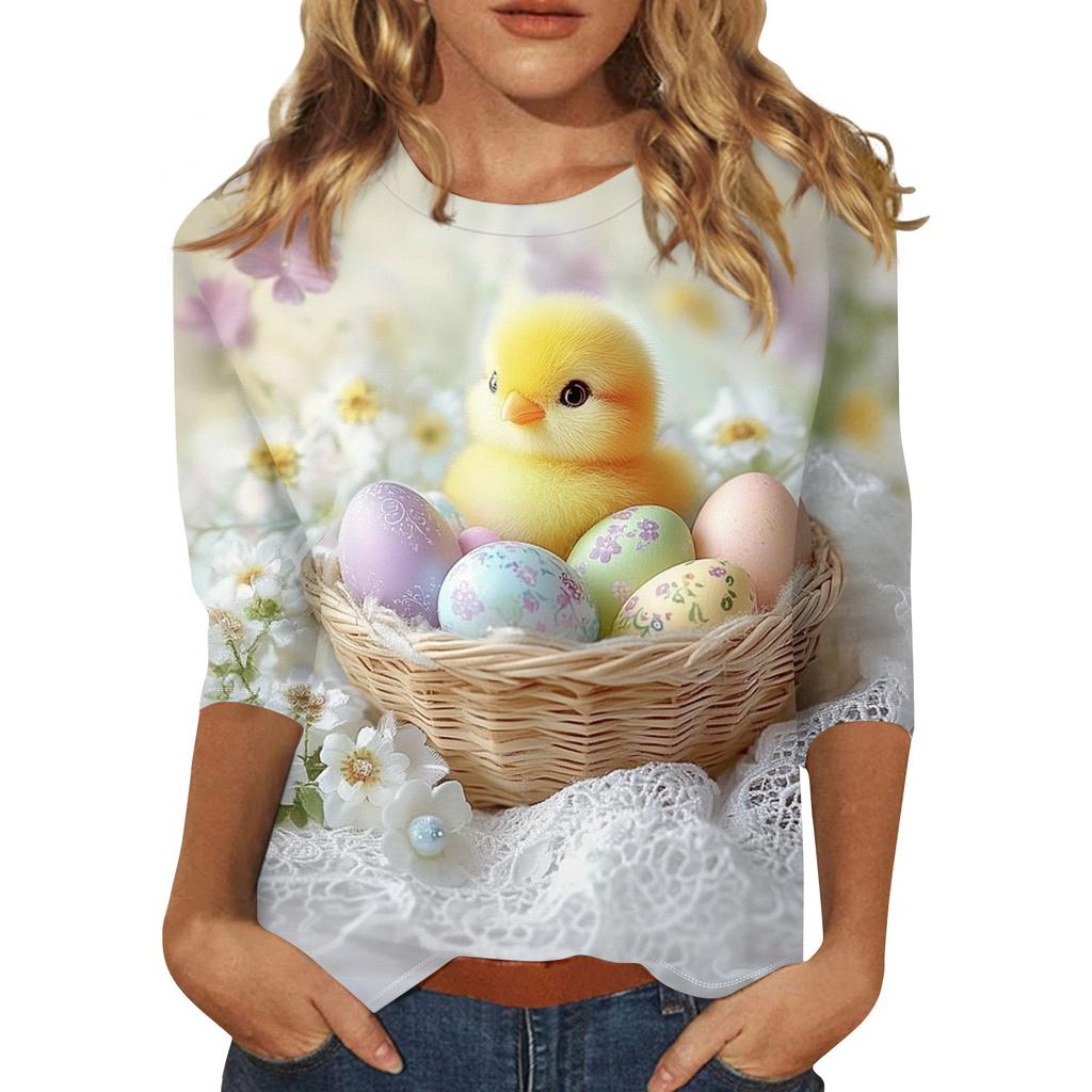 Women's Fashion Loose Casual Seven Sleeve Printed Round Neck Top