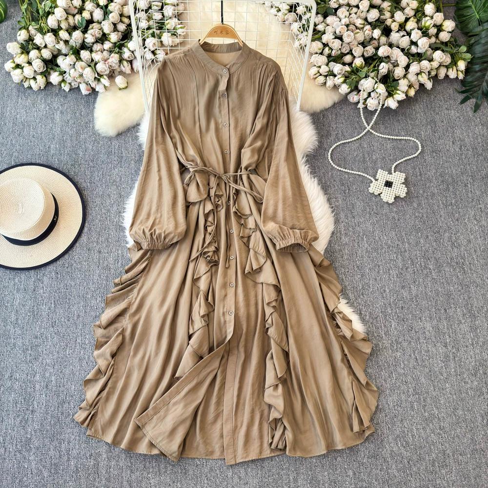 Нежный стиль, темперамент, рукава-фонарики, воротник-стойка, присборенная талия, А-силуэт, оборки по краю, шифоновое платье, элегантные большие свободные длинные платья