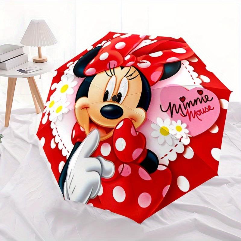 Disney Mickey Mouse and Minnie Automatic Open/Close Umbrella - Cute Umbrella with Cute Design, Portable 3-Fold Compact Umbrella