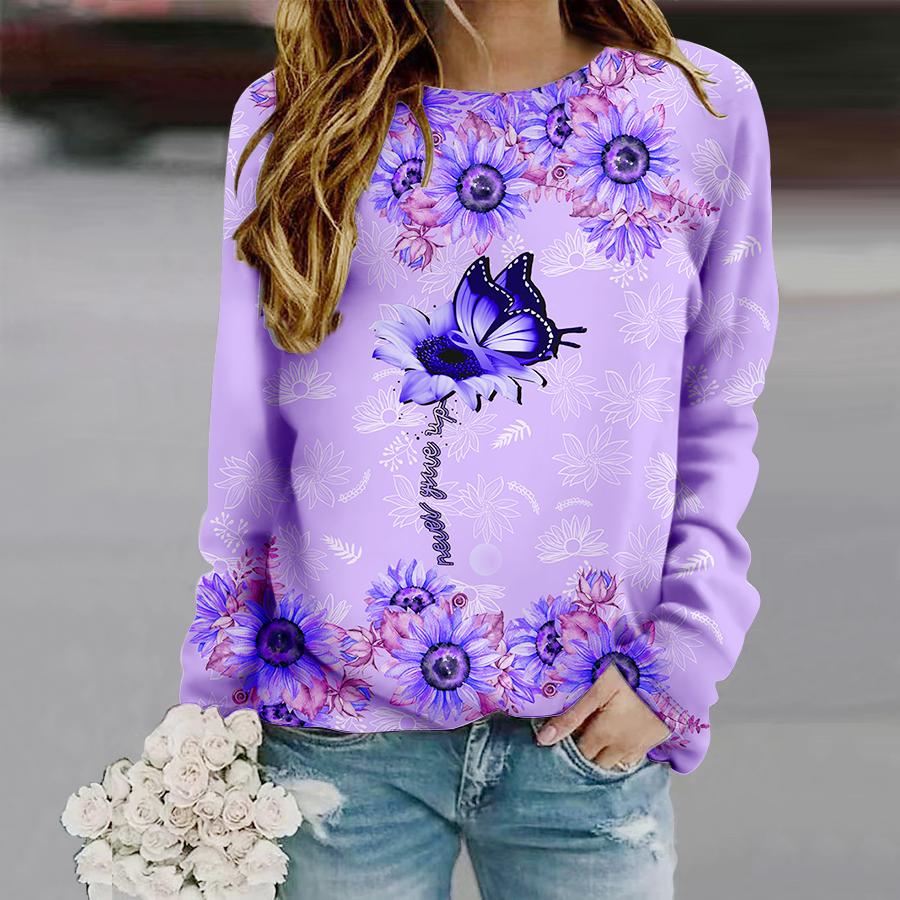 Tops For Women Butterfly Sunflower Print Round Neck Long Sleeve T-shirt Fall Casual Slim Pullover Women's Long Sleeve Top