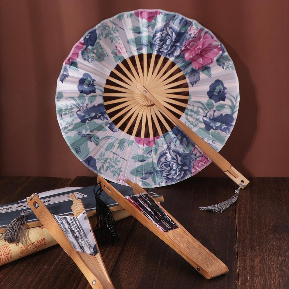 Round Folding Hand Fan Bamboo Handle Chinese Fans Photography Props Windmill Fan  Lady
