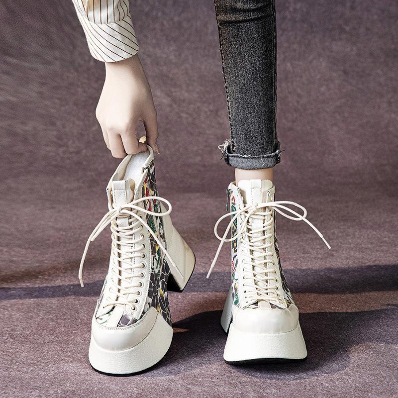 Fashion 8CM Chimney Ladies Fashion Ankle Booties Moccasins Print Shoes Natural Genuine Leather Boots Autumn Winter Motorcycle Women Fall