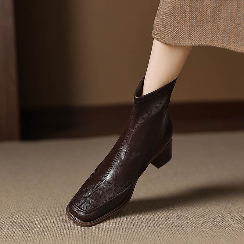 Krazing Pot Микрофибра Квадратный Носок Толстый Каблук Ботильоны Челси Размер 42 Молния Женские Плиссированная Отделка Эластичные Ботильоны