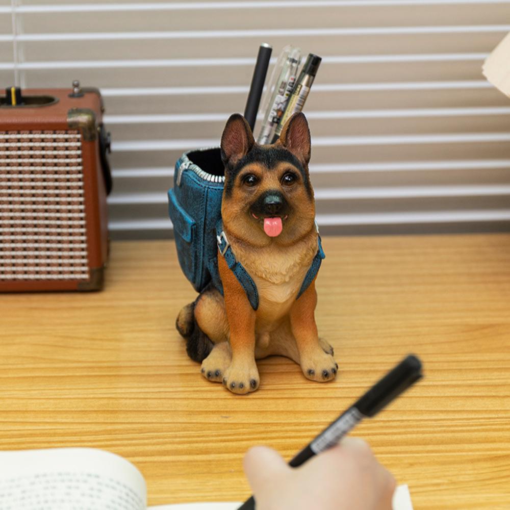 Resin Statue Desktop Storage German Shepherd Pen Box Figurines New Dog Sculpture Pen Container