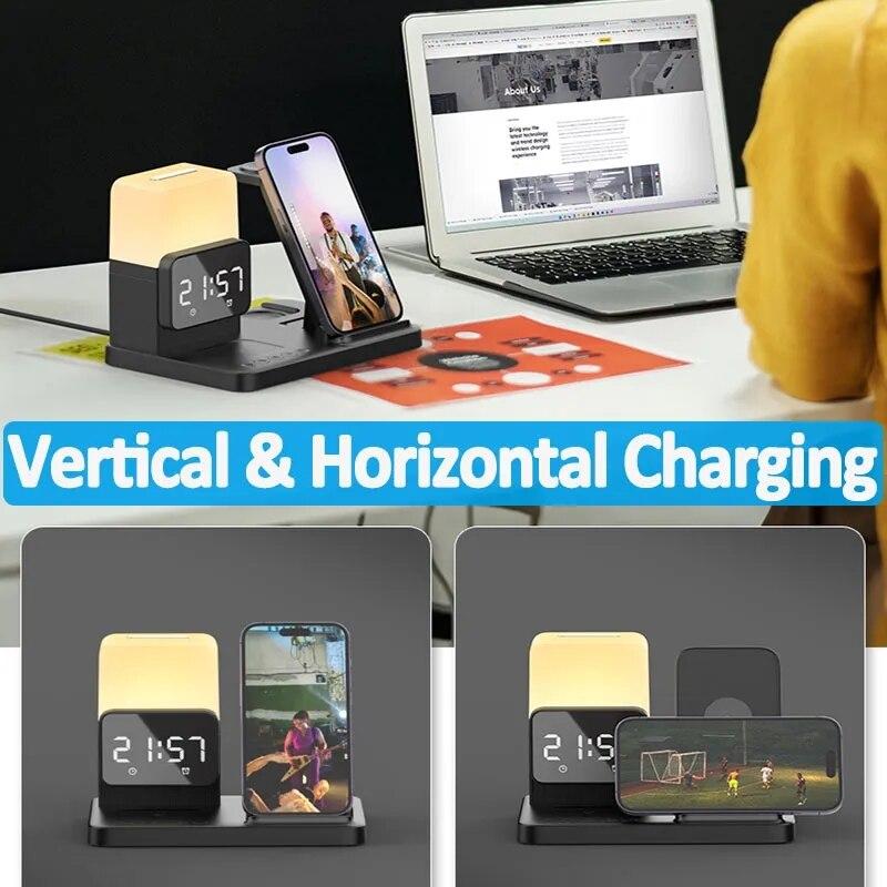 6 в 1 беспроводное зарядное устройство подставка будильник лампа складная быстрая зарядная док-станция для iPhone IWatch 8 7 AirPods