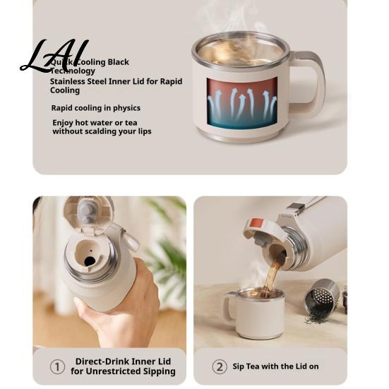 Sports Water Bottle with Handle 316 Stainless Steel Tea Tumbler Infuser 3-in-1 Double Wall Vacuum Insulated Portable Drinkware for Travel Leakproof