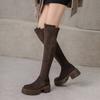 Autumn and Winter Suede Elastic Knee Boots, New High-heeled Thick-soled Non-slip Round-headed Women's Boots, Korean Version of Large-size Marti