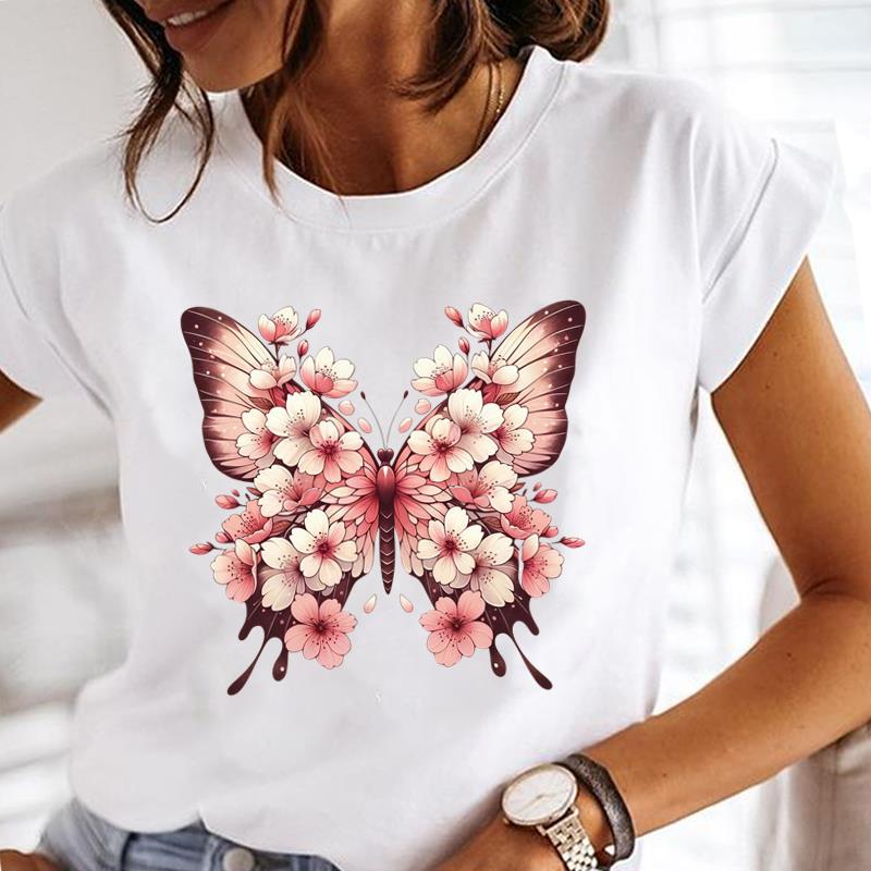 (Asian Size) sweet butterfly Lady o-neck T Shirt Clothing Short Sleeve T-shirts Printed Female Top Casual Fashion Women Graphic Tee