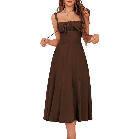 Женское платье без рукавов на бретелях-спагетти, с квадратным вырезом, миди-платье, шнуровка, расклешенное длинное платье, летящее А-силуэта, с разрезом, сарафан