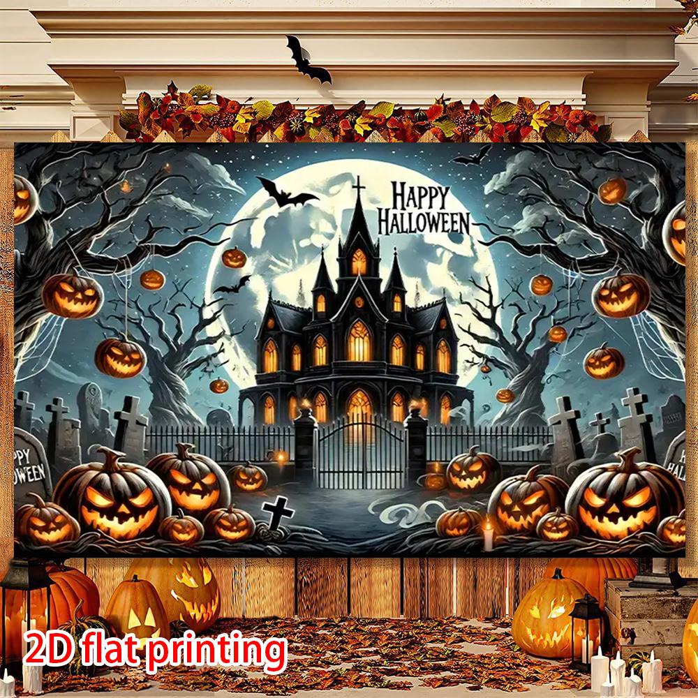2D flat banner 1 Halloween party background banner evil pumpkin bat creepy castle.PMJ