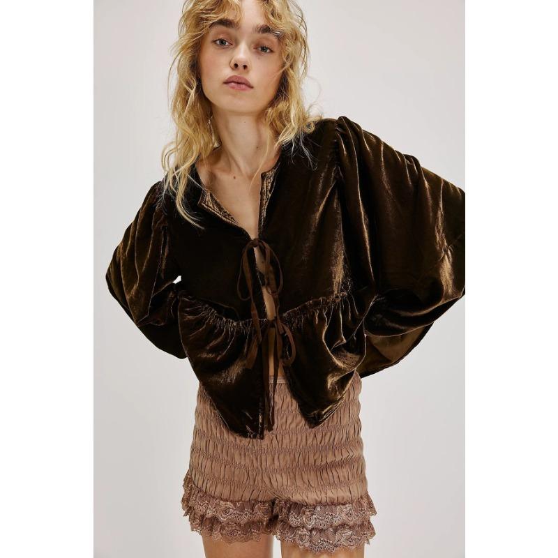 Женская бархатная рубашка Новая женская милая повседневная рубашка с галстуком