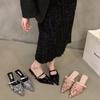 Sequins Black Slides with Heel Shoes Pointed Toe Women's Mules Slippers and Ladies Sandals Unique Korea Style Easy Wears Shoe 39