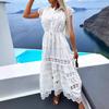 Women's Boho Solid Lace Flying Sleeve Turn Down Collar Maxi Dress Summer Ladies Beach Holiday Vacation Sundress Size S-2XL