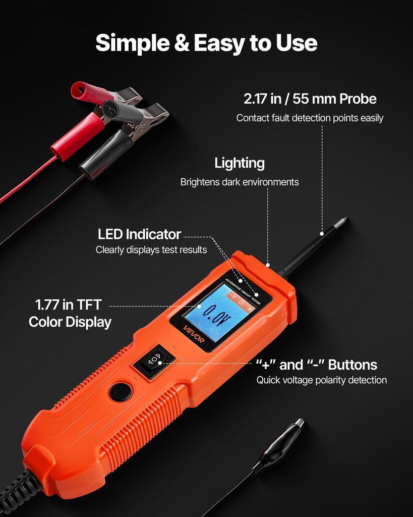 Automotive Circuit Tester, 8 - 35 DCV Power Circuit Probe Tester with TFT Color Display and Lighting, Automotive Power Tester Probe with 13 ft / 4 m