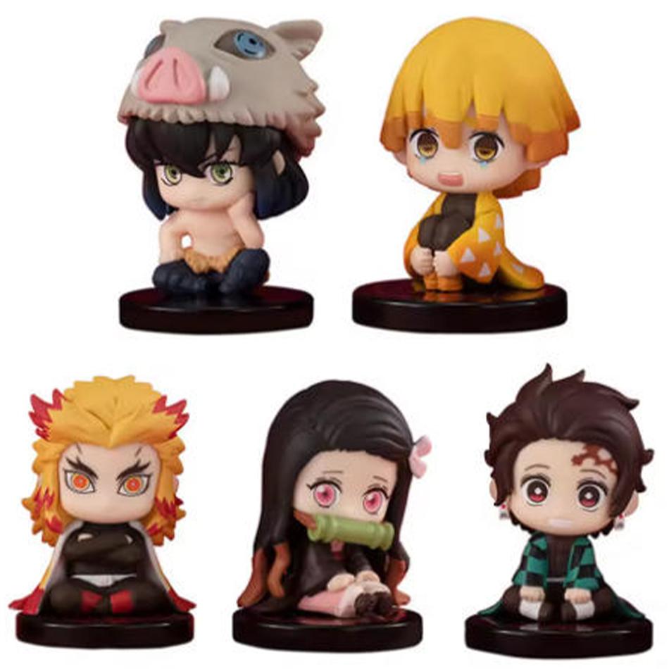5-15Pcs Q Version Demon Slayer Sitting Ghost Doll Tanjiro Nidouzi Inosuke Zenizu Toy Figural Pvc Model Gift