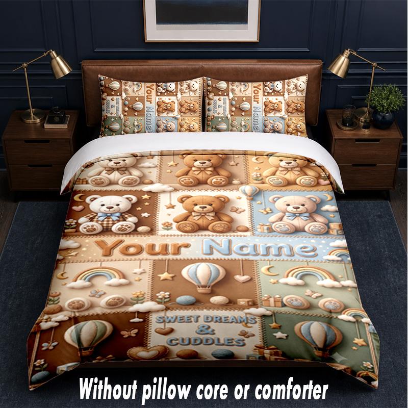 Teddy Bear Theme Custom Text Or Name 3Pcs Bedding Set,1 Flat Sheet & 2 Pillowcases Personalized Home Bedding