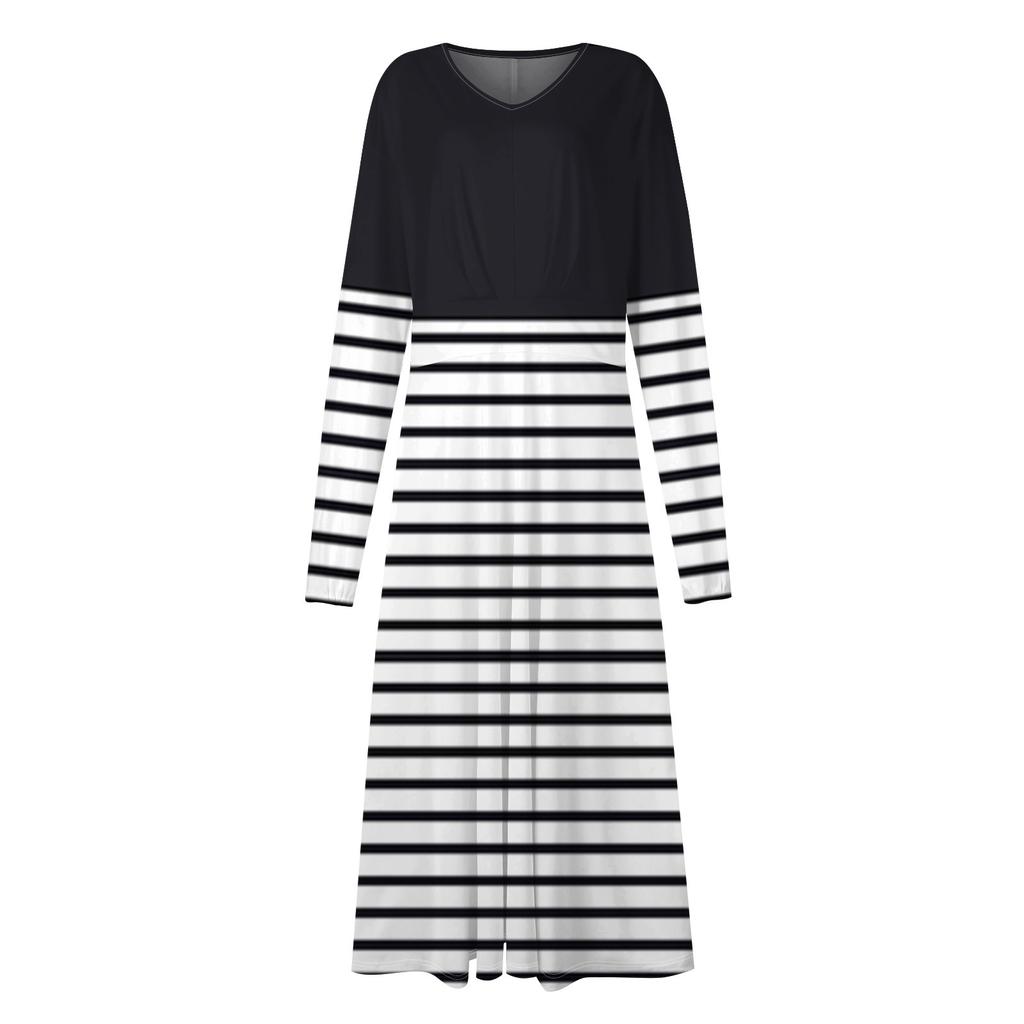 Женское осеннее и зимнее повседневное модное длинное платье с v-образным вырезом и длинным рукавом в полоску и принтом