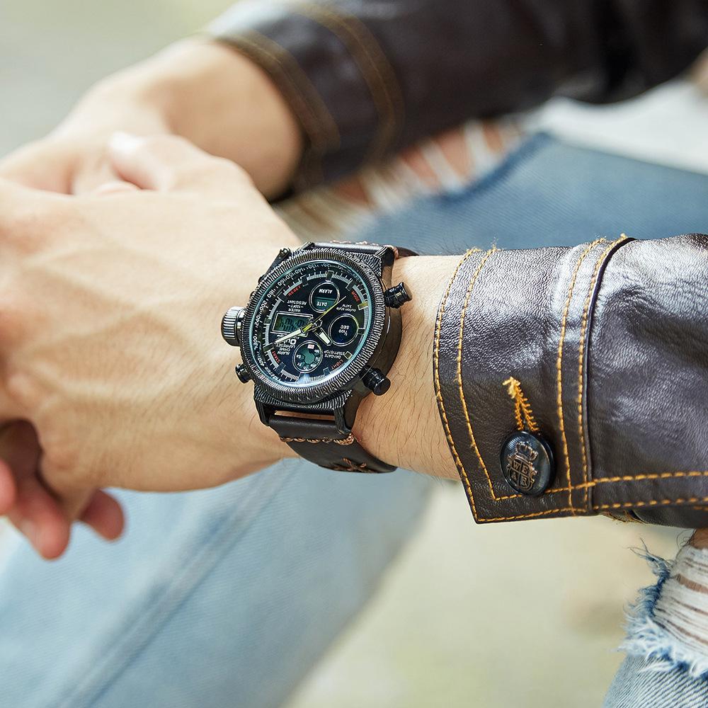 Oulm Многофункциональные электронные мужские часы для отдыха, модные кварцевые мужские часы из натуральной кожи с подсветкой