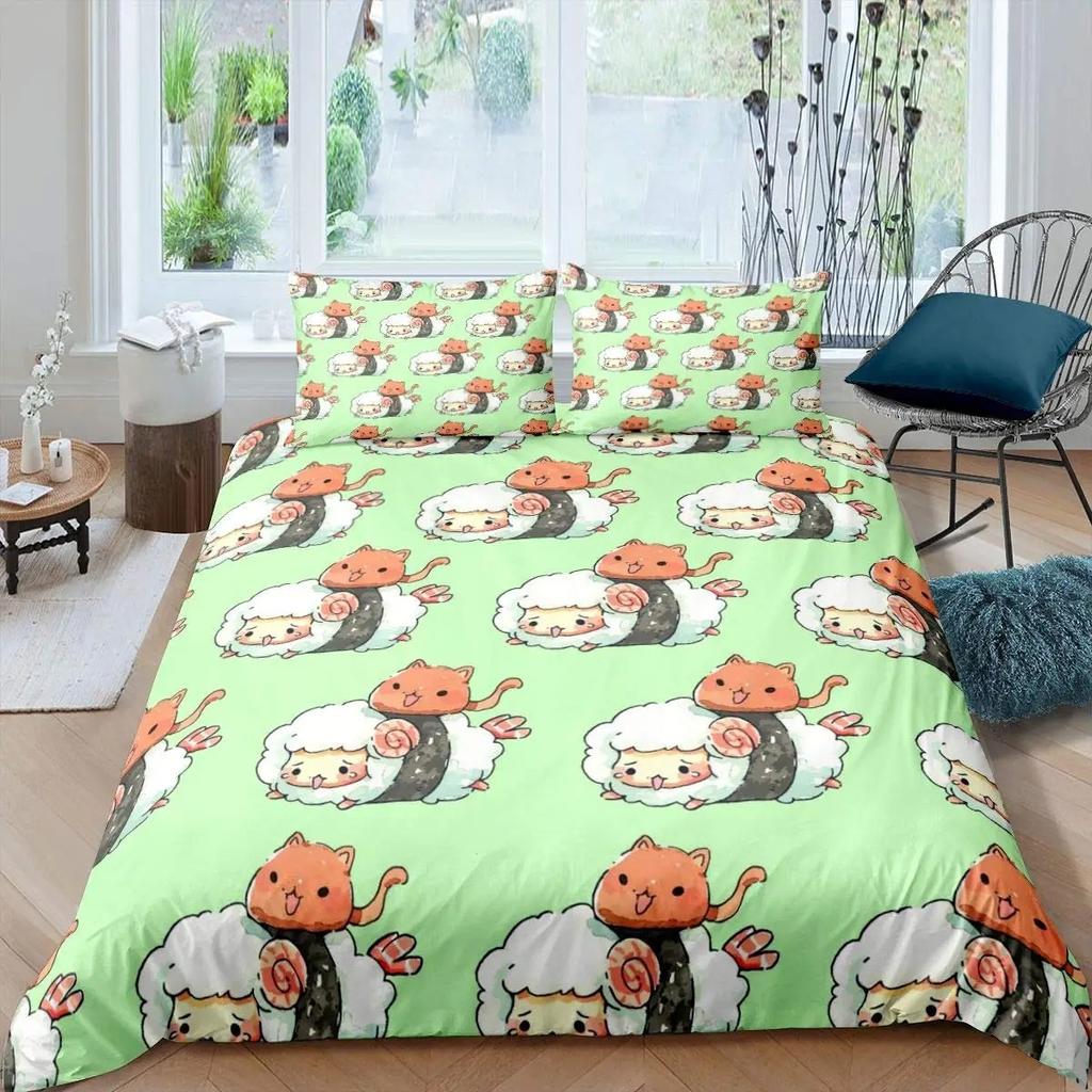 Японский Суши Пододеяльник Размер King Microfiber Милый Мультяшный Тема Еды Комплект Постельного Белья Чехол на Одеяло