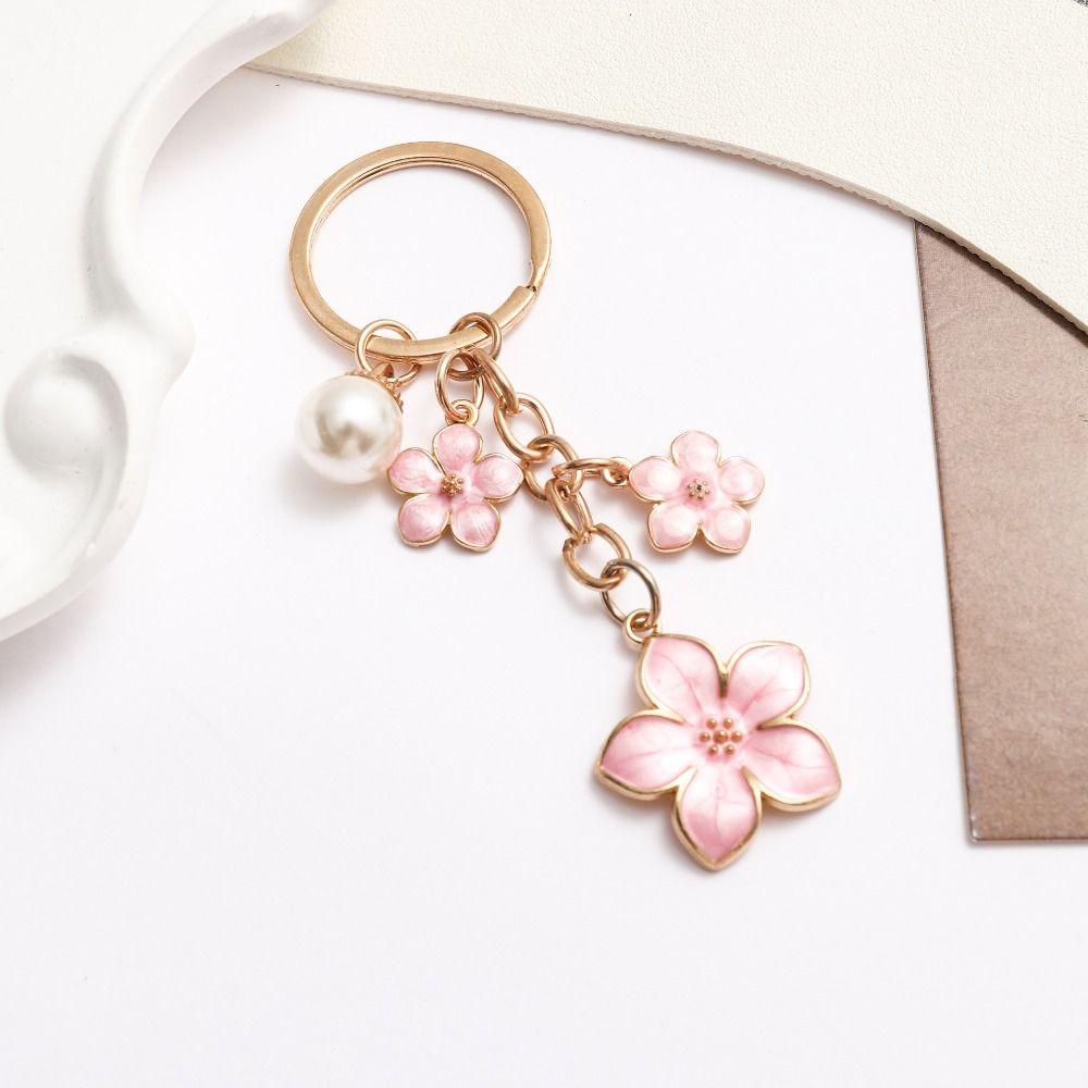 Alloy Cherry Blossom Keychain Enamel Coating Pearl Drop Keyring Sakura Keychain Car Key Accessory