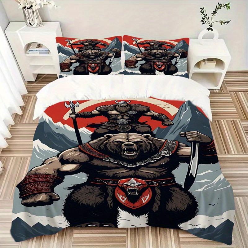 3pcs Viking Bear Soft Comfortable Bedding set, For Bedroom, Guest Room And Dorm, All - Season Use, High-Definition Printing132