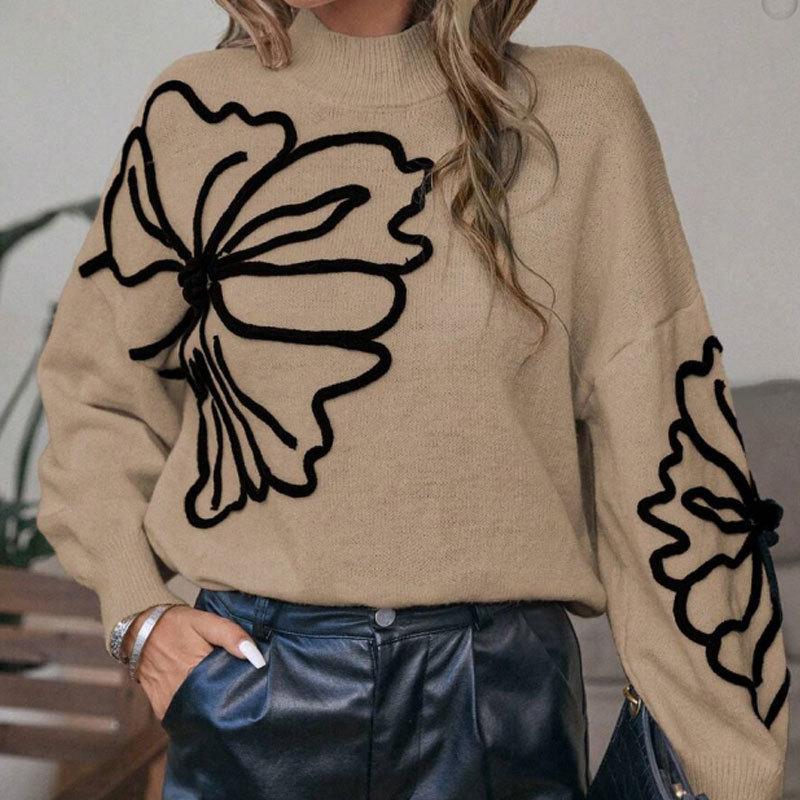 Women's Mock Neck Long Sleeve Knit Sweater Loose Fit Floral Embroidery Pullover