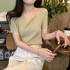 Chic French V-Neck Square Neck Short Sleeve Knitted Sweater T-Shirt for Women