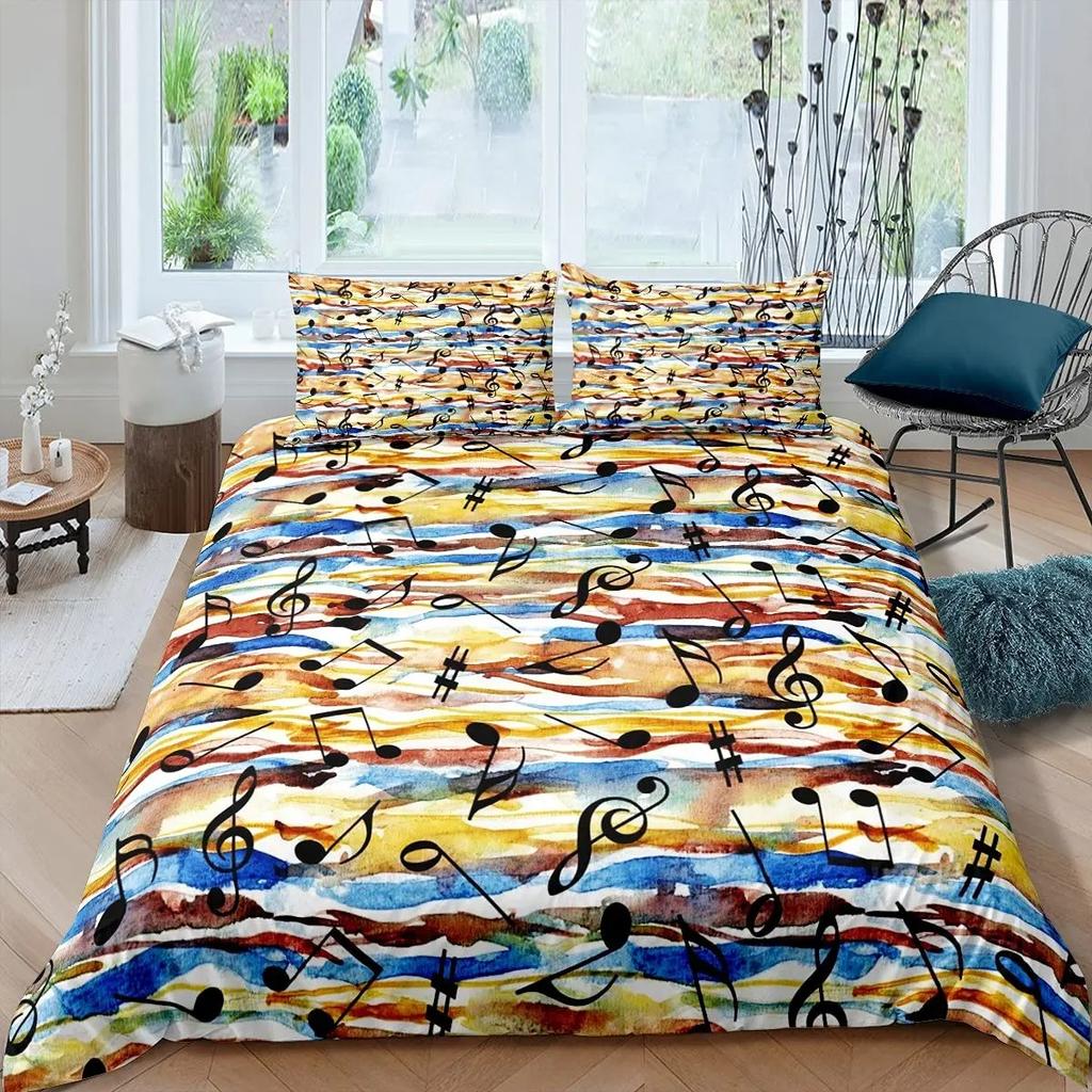 Music Notes Duvet Cover Collection Queen Size Purple Musical Theme Bedding Collection Gold Shiny Pattern Comforter Cover For Kids Girls Adult