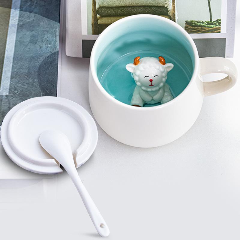 Кружка с 3D животным внутри, Забавная керамическая чашка, Кружки для кофе с крышкой и ложкой, Для молочного чая, Кружки для завтрака