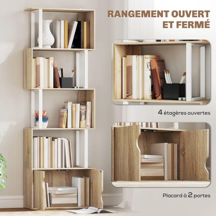Bibliothèque - HOMCOM - 5 niveaux - étagères et placard double porte - panneau de particules - 60 x 23,8 x 179,2 cm - bois naturel
