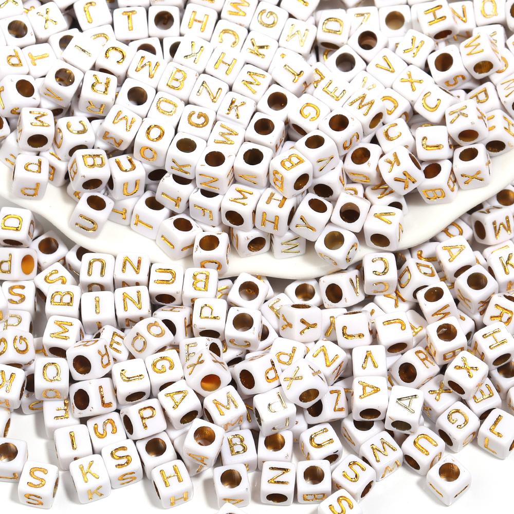 100pcs/lot 4.5 6mm Gold Letter Acrylic Square Beads Large Hole Loose Alphabet Beads For DIY Craft Bracelet Earrings Accessories