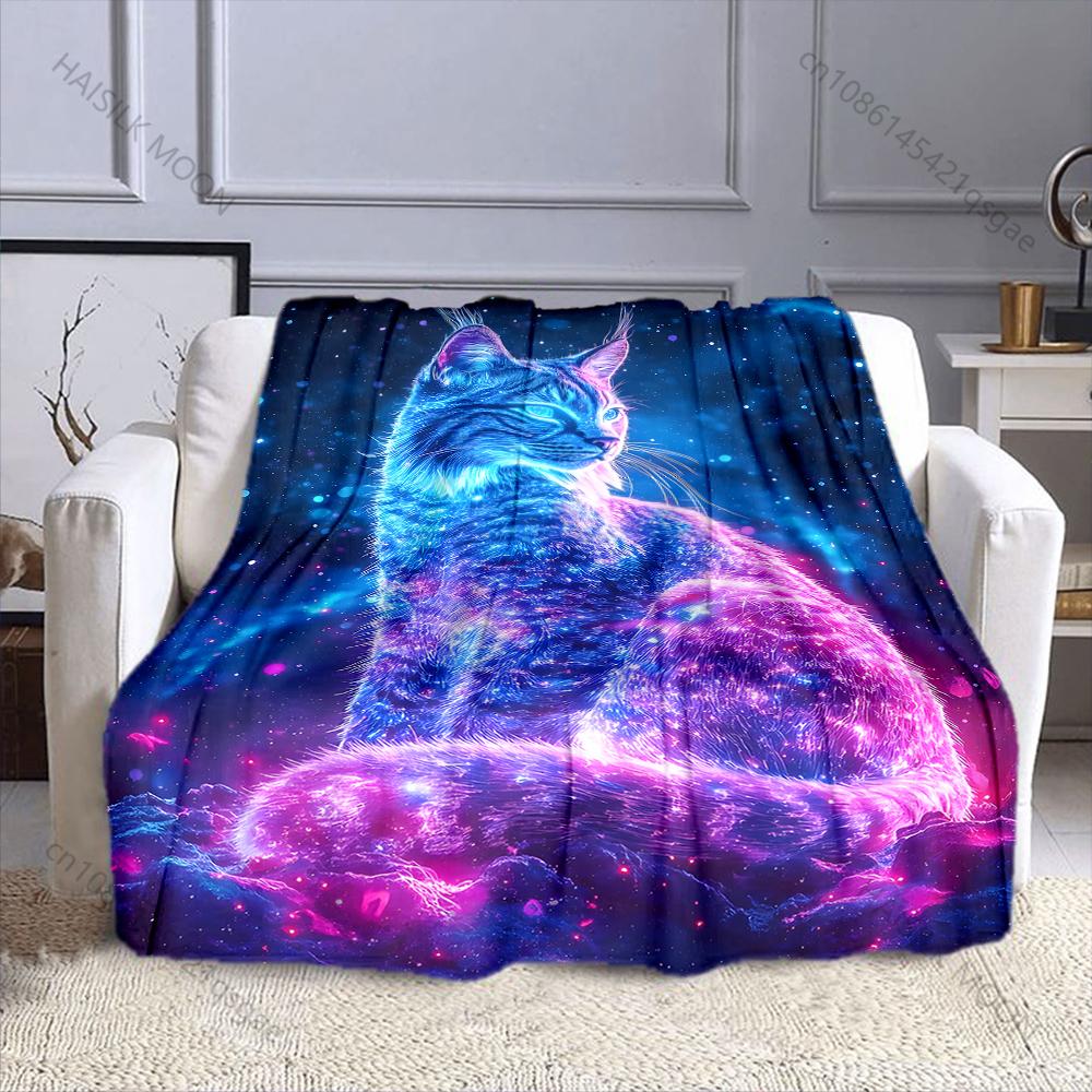 Multiple Sizes Neon Galaxy Cat Print Blanket Flannel Material Soft Warm for All Seasons Home Outdoor Camping Picnics RV