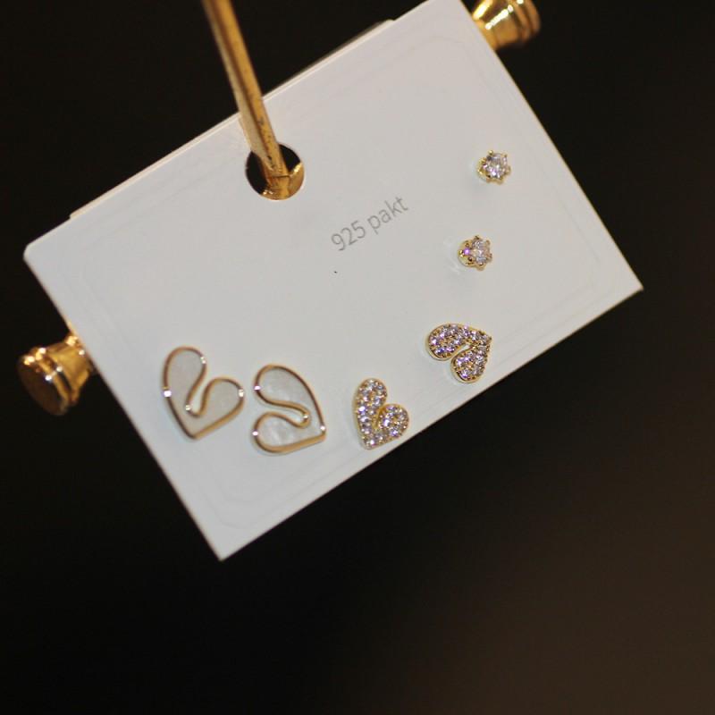 Minimalist Stud Earrings Set 3 Pairs Gold Tone CZ Geometric Floral Design Women Daily Wear