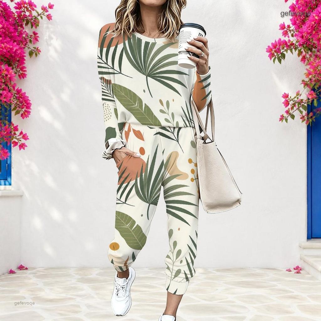 Women Plus Size Avocado Printed Round Neck Long Sleeve Cuffed Top Cuffed Pants Two Piece Set