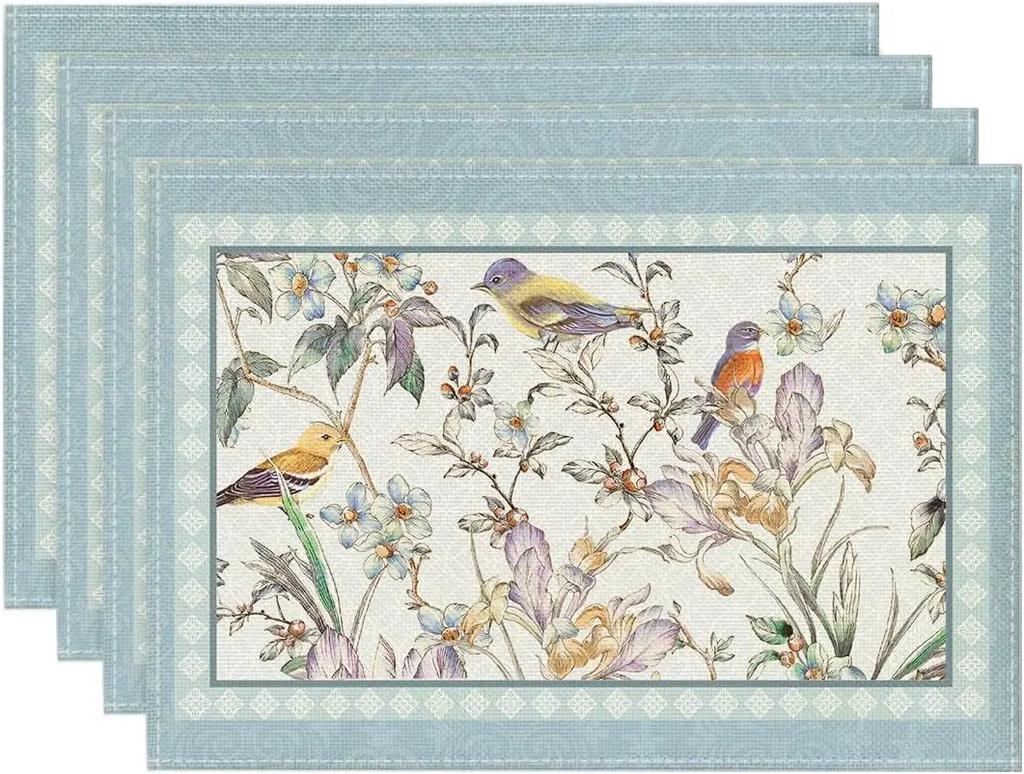 Винтажные Птицы Набор из 4 салфеток под тарелку William Morris Цветочные Птицы 12x18 дюймов Лен Моющиеся Кухонный стол Салфетки под тарелку