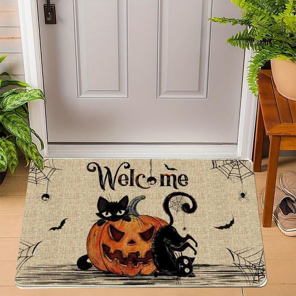 Fun Halloween Cartoon Non-Slip Indoor Carpet Rug Door Mat - Pumpkin Ghost Witch Cat Festive Home Decoration Welcome Mat
