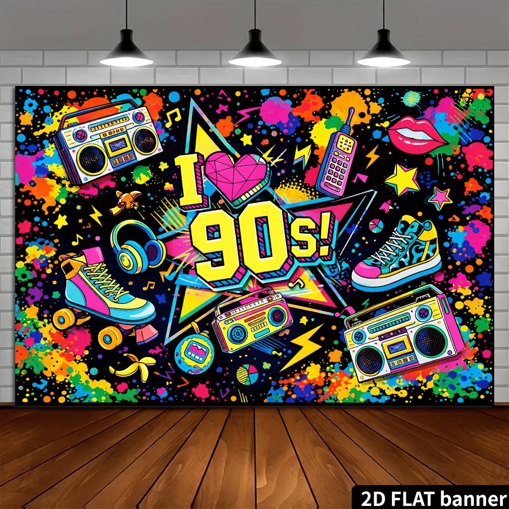 2D flat 90s retro theme party banner background. I love 90s theme, featuring retro radio and roller skates.