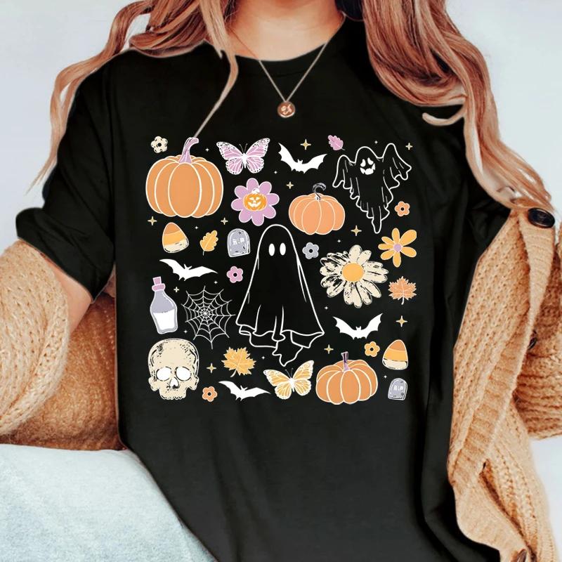 Ghost Print Tshirt Halloween Tshirt Short Sleeve Crew Neck Leisure Tshirt For Spring Summer Womens Clothing
