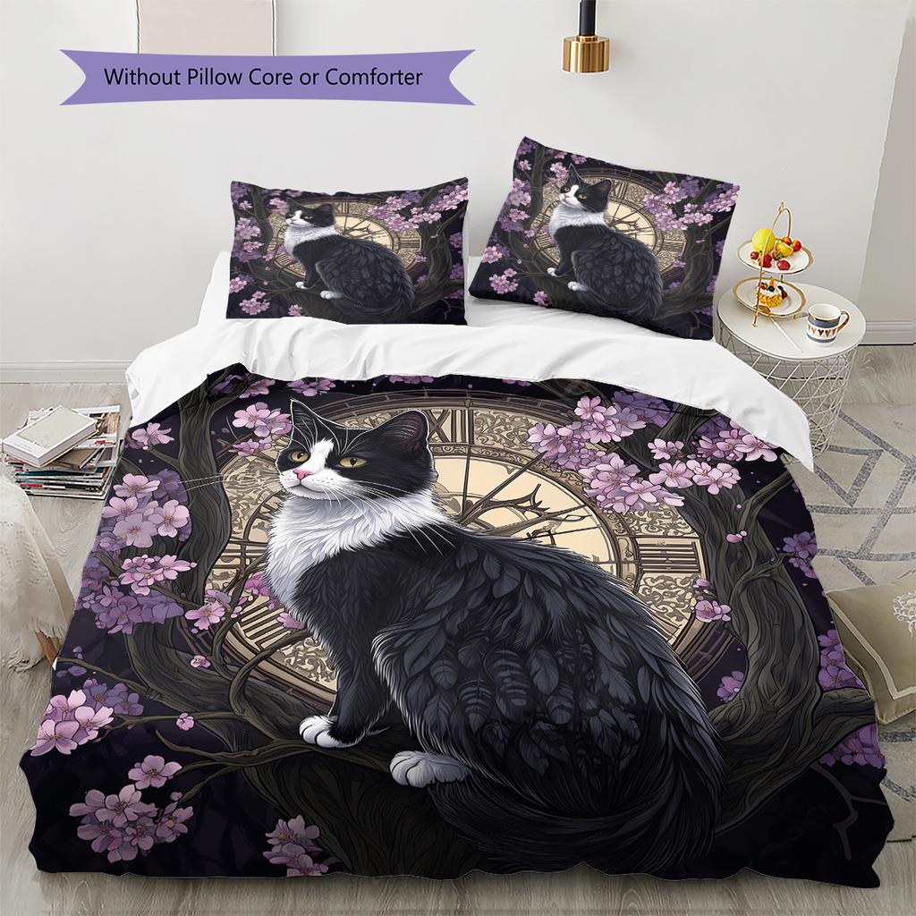Beautiful Cow Cat Pattern Bedding Home Decoration Birthday Gift (1 * duvet cover + 2 * pillowcase, without core)