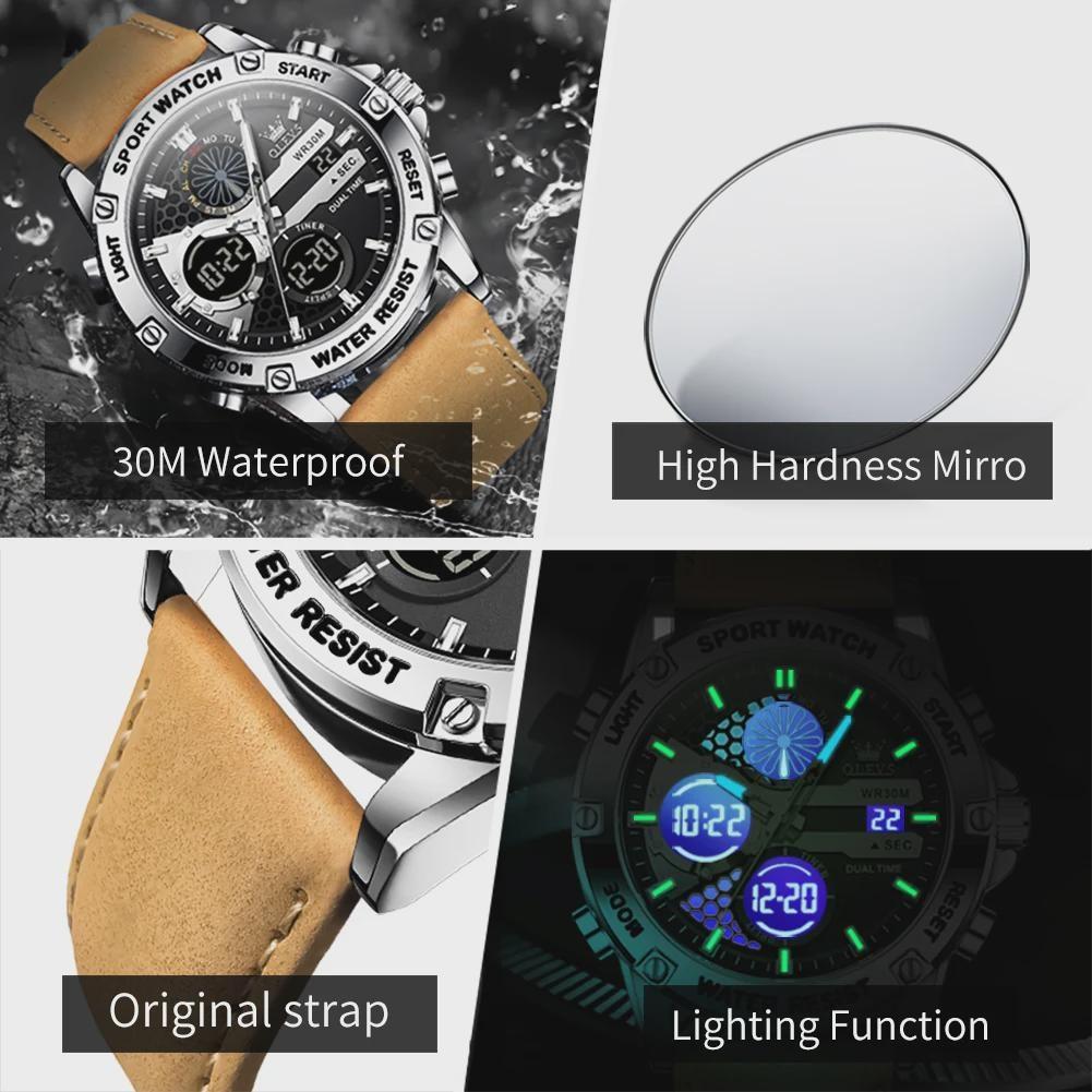 OLEVS Multi Function Quartz Watches for Man Fashion Casual Leather Strap Dual Time Waterproof Luminous Digital Man Watch