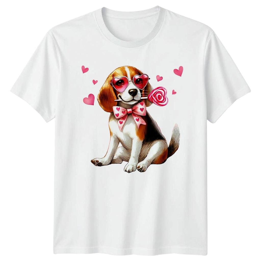 Unisex T-Shirt Cute Beagle Dog Heart Glasses Lollipop Print Short Sleeve Tee