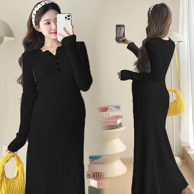 Одежда для беременных, новая весенне-осенняя одежда, осенне-зимняя одежда, бархатная и теплая, однотонная с круглым вырезом, юбка с поддержкой живота и стройнящая