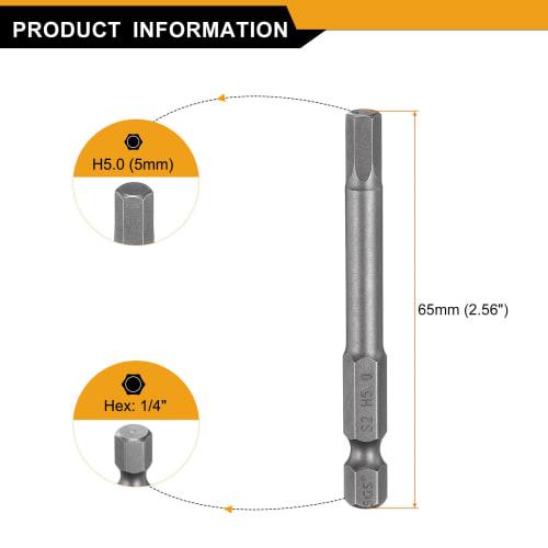 uxcell H5 Hex Bit, 5mm, Single-Head, Magnetic, for Electric Screwdrivers, 65mm Long, S2 Steel, for Electrical Construction, DIY, and Home Repairs
