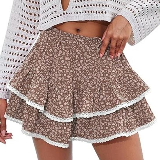 Women Cake Skirt High Waisted Double-Layered Ruffle Bohemian Mini Skirt with Elastic