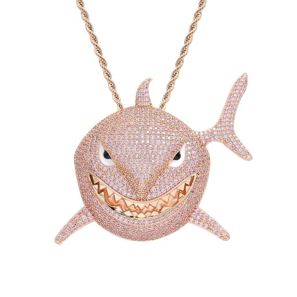 BES Fashion Silver Plated Shark Shape Pendant Necklace Hip Hop Style Iced Out Zircon for Anniversary with Rope Chain