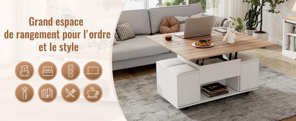 Coffee Table Adjustable, 3-in-1, with Storage, Convertible into Dining Table Work Table with Casters and 4 Stools, 100x50x48cm, White + Wood Tone