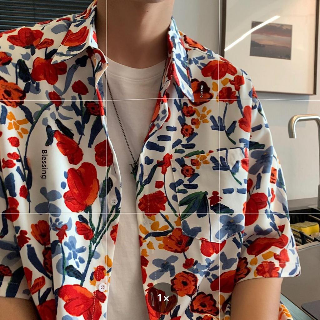 Мужская рубашка с коротким рукавом в гавайском цветочном стиле — модная, легкая, высококачественный дизайн в гонконгском стиле