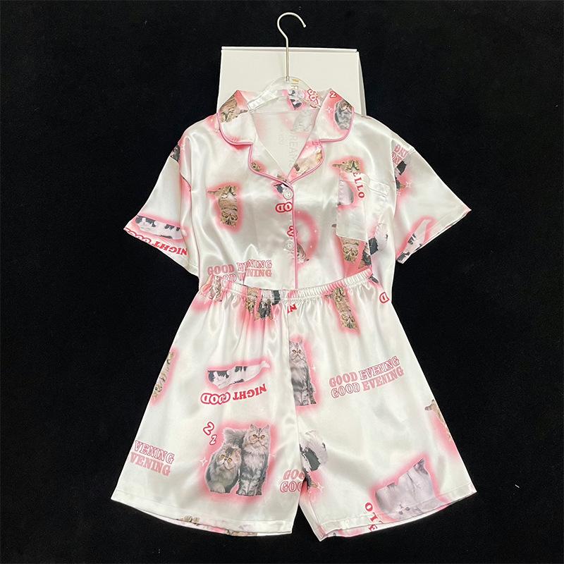 Solid Color Ice Silk Pajamas Women'S Summer Thin Foreign Style High-Value Short-Sleeved Loungewear Two-Piece Set Can Be Worn Outside